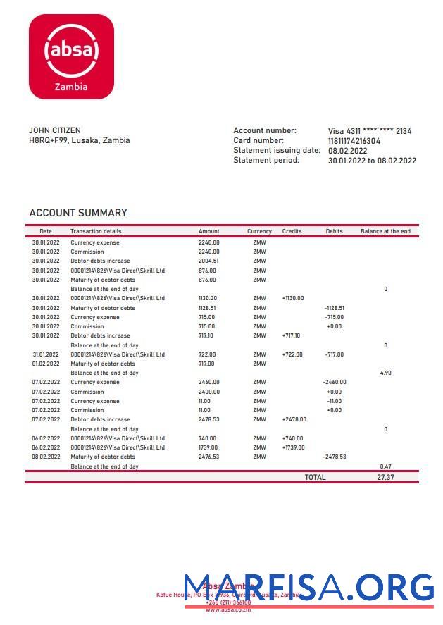 Downloadable Zambia Absa bank statement word real example